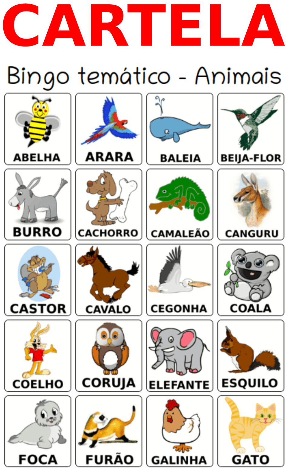 cartelas de bingo de animais para imprimir